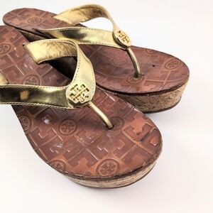 Tory Burch gold leather wedge sandals